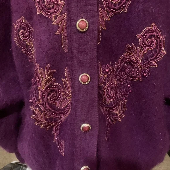 Angora blend purple beaded embroidered lined cardigan - Picture 5 of 10